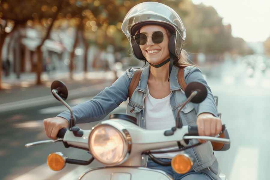Gothaer Moped-Versicherung: Paar auf Moped ist froh, das KFZ gut versichert zu haben.