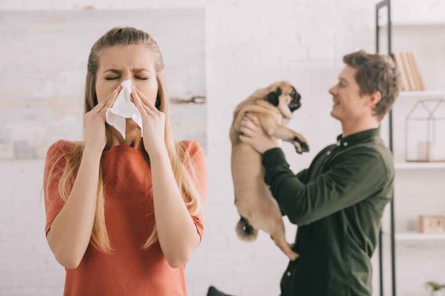 Eine Frau muss sich die Nase putzen, da sich ein Hund im Raum befindet. 