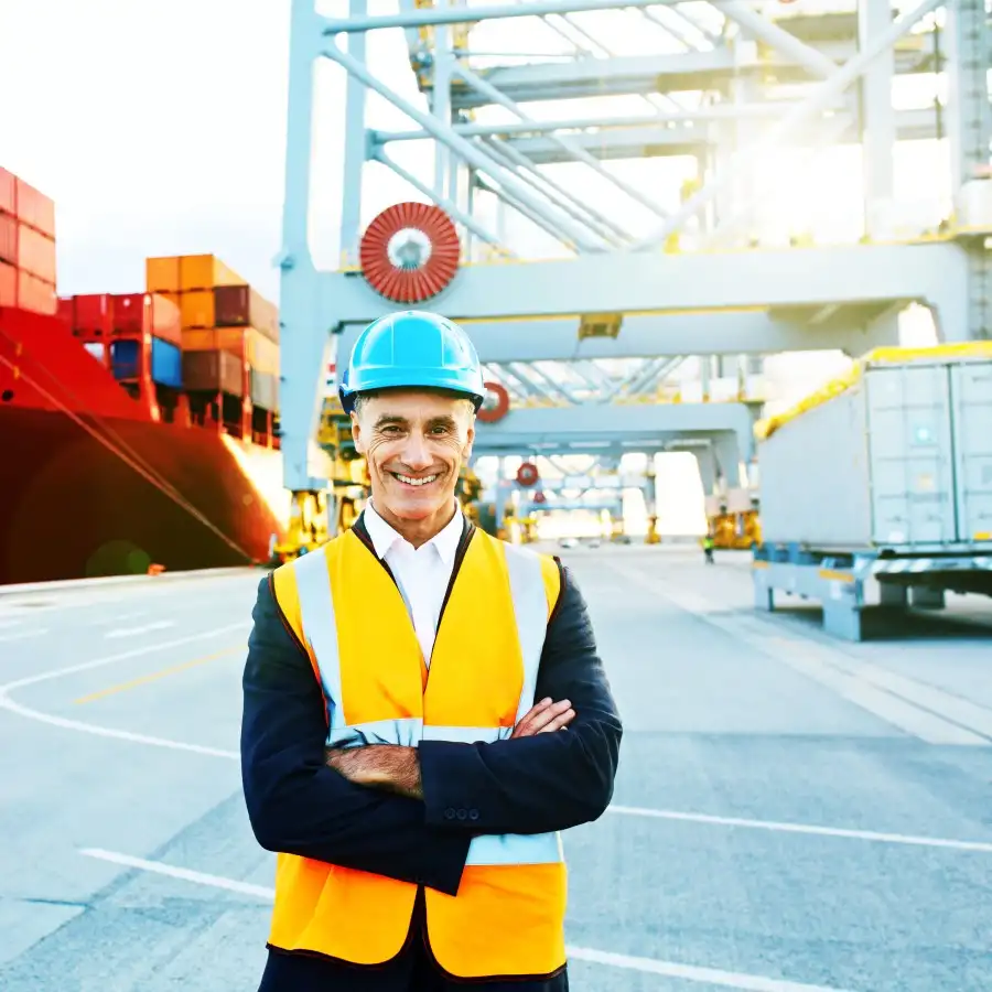 Gothaer Warentransportversicherung: Verantwortlicher Leiter vor Container-Schiff kümmert sich um den Transport.