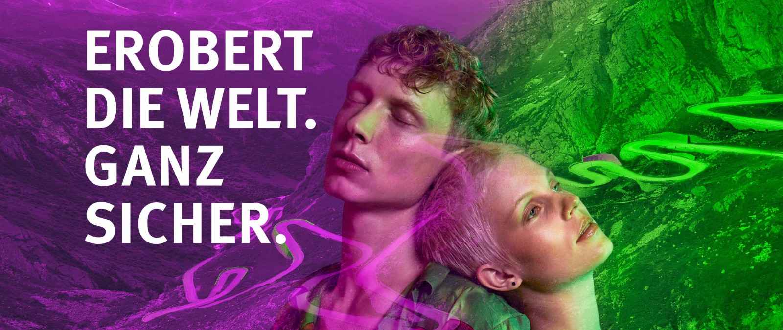 Erobert die Welt.: Ein Pärchen ist im Vordergrund. Im Hintergrund befindet sich eine hügelige Landschaft. Die Farben sind lila und grün.