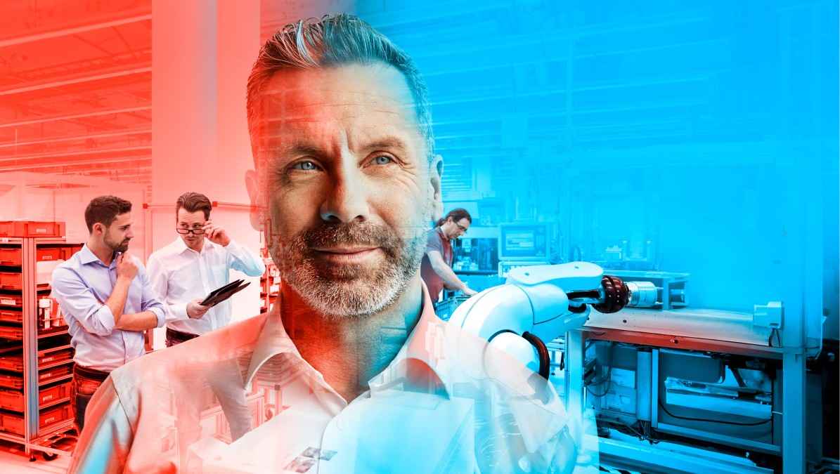 Maschinenbau: Unternehmer vor einer Produktionsstätte.
