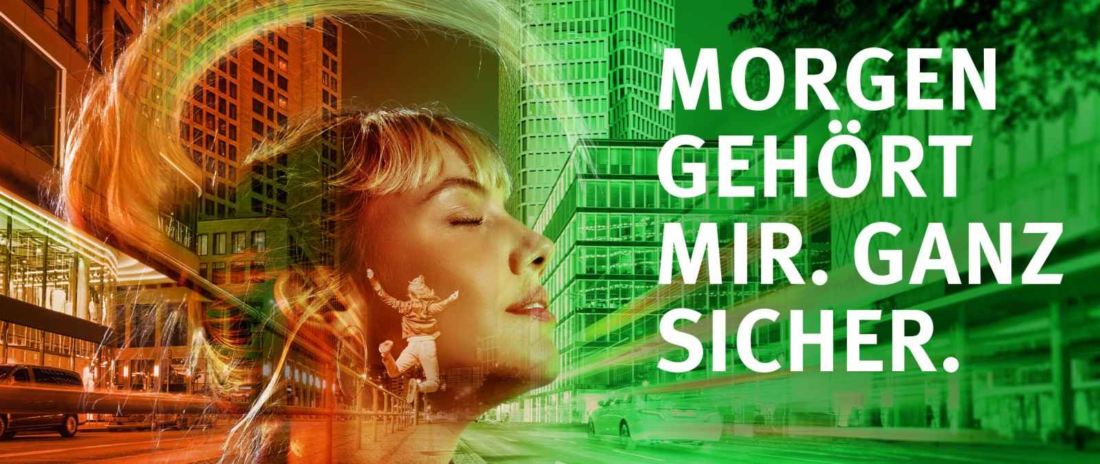 Im Vordergrund ist das Gesicht einer jungen Frau. Im Hintergrund sieht man eine Straße. Die Farben sind grün und orange.