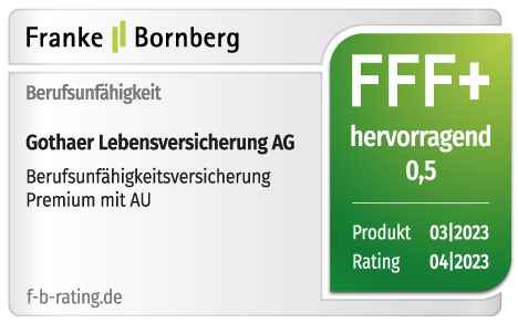 Die Gothaer Berufsunfähigkeitsversicherung Premium mit AU ist laut Franke & Bornberg "hervorragend" (0,5), Rating 04/2023
