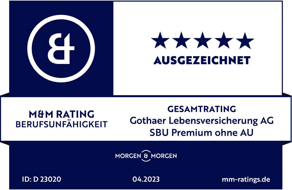 Die Gothaer Berufsunfähigkeitsversicherung Premium ohne AU ist laut Morgen & Morgen AUSGEZEICHNET (Stand: 04/2023)