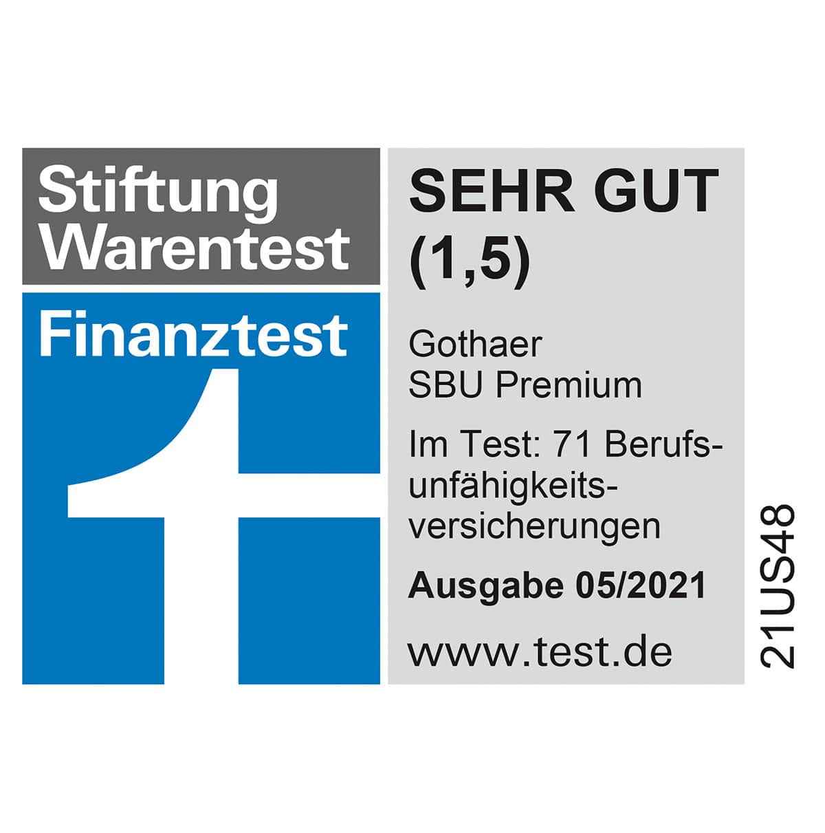 Stiftung Warentest / Finanztest: Gothaer SBU Premium mit "sehr gut" (1,5) im Vergleich mit 71 Berufsunfähigkeitsversicherungen bewertet. Ausgabe 05/2021.