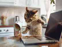 Eine kleine Katze hat einen Tasse voller Kaffee umgestoßen. Der Kaffee landet auf einem Laptop.