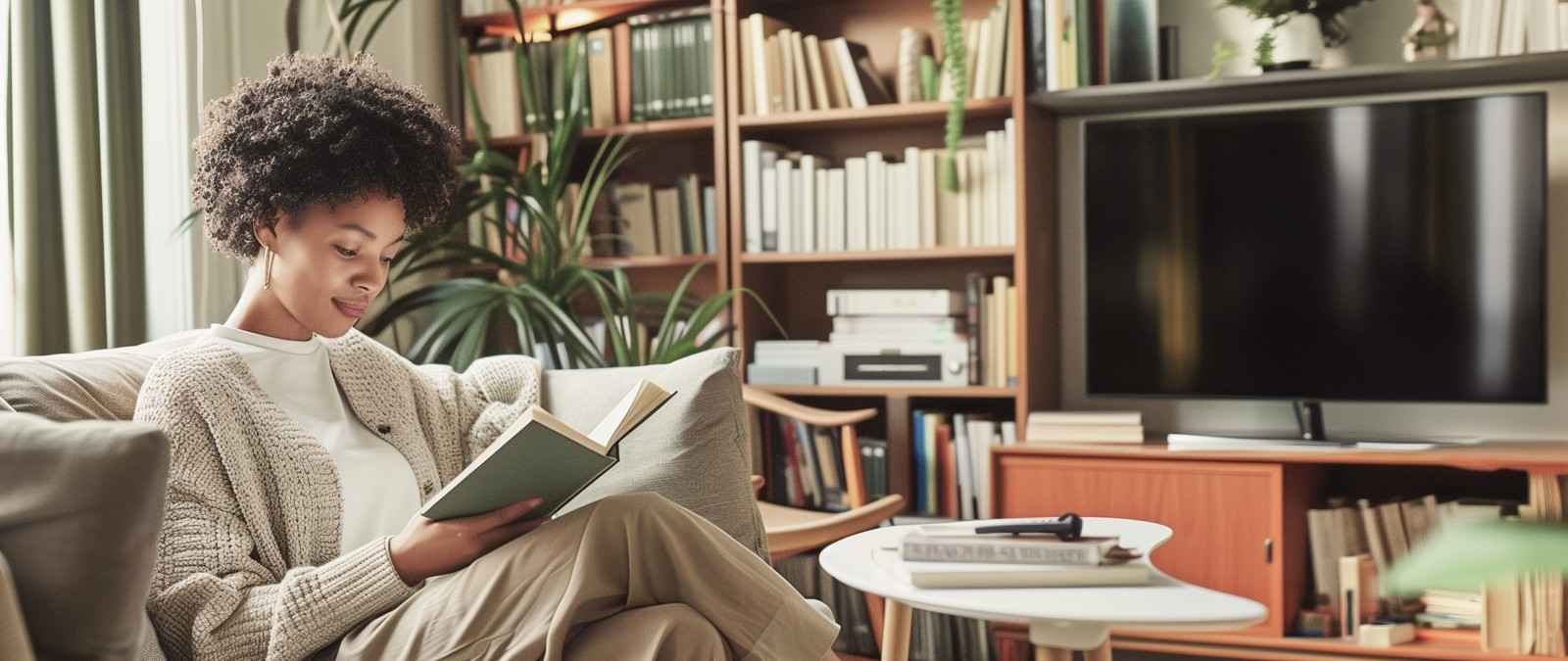 Gothaer Hausratversicherung: Eine junge Frau sitzt in ihrem Wohnzimmer und liest ein Buch.