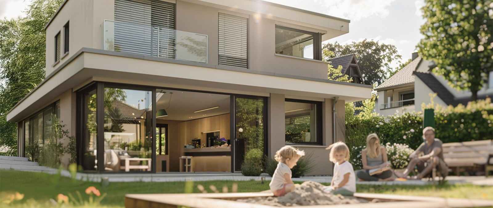 Gothaer Wohngebäudeversicherung: Eine glückliche Familie spielt vor dem Fenster in ihrem Einfamilienhaus.