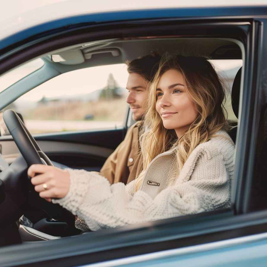 Gothaer Autoversicherung: Eine junge Frau sitzt im Auto am Steuer und neben ihr ein junger Mann.