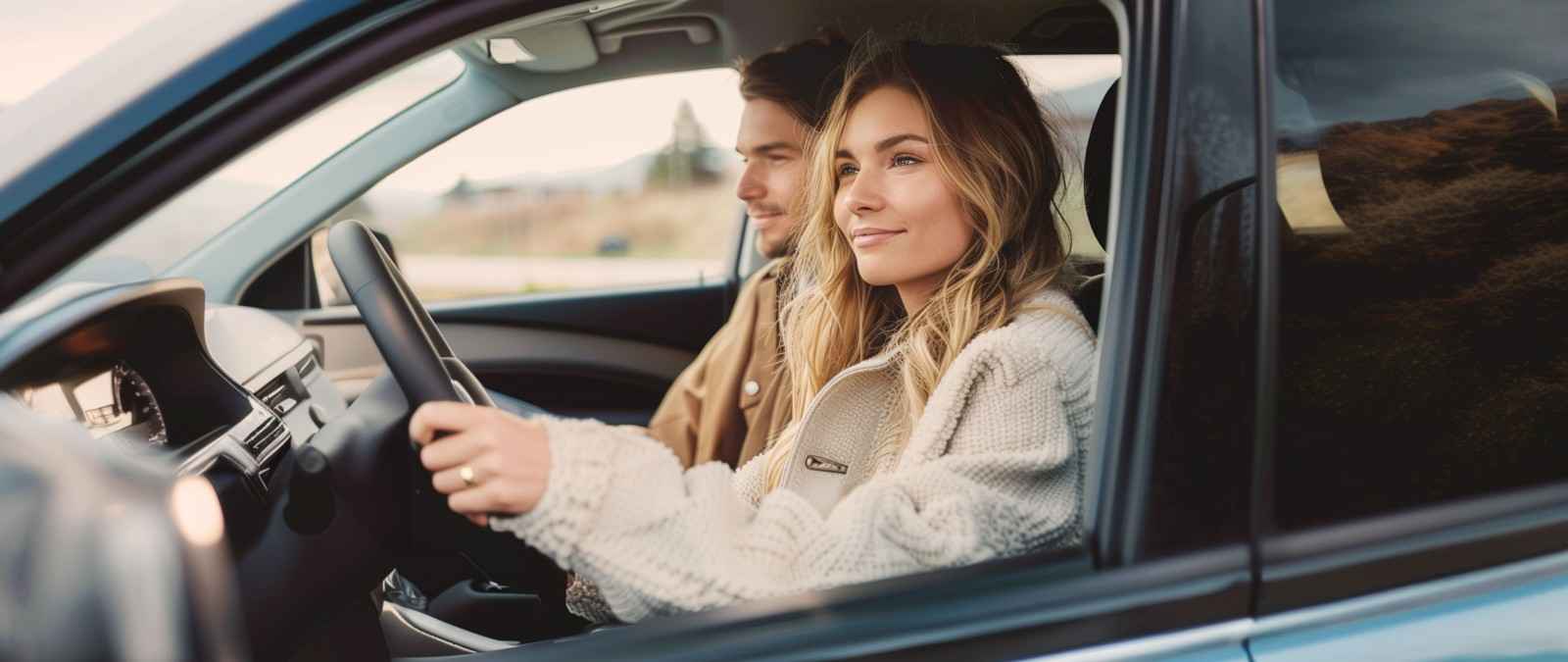 Gothaer Autoversicherung: Eine junge Frau sitzt im Auto am Steuer und neben ihr ein junger Mann.