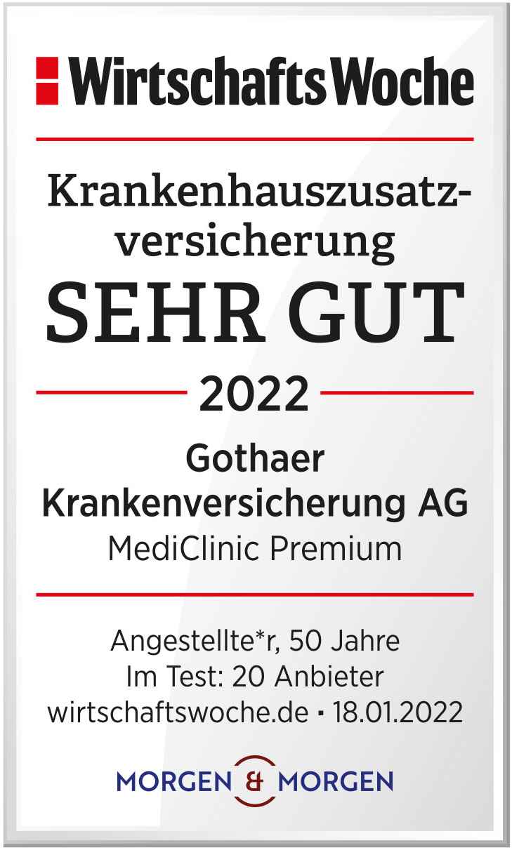 WirtschaftsWoche / Morgen & Morgen: Gothaer Krankenhaus-Zusatzversicherung mit sehr gut bewertet (Angestellte*r, 50 Jahre). Im Test mit 20 Anbietern. Veröffentlich 18.01.2022.