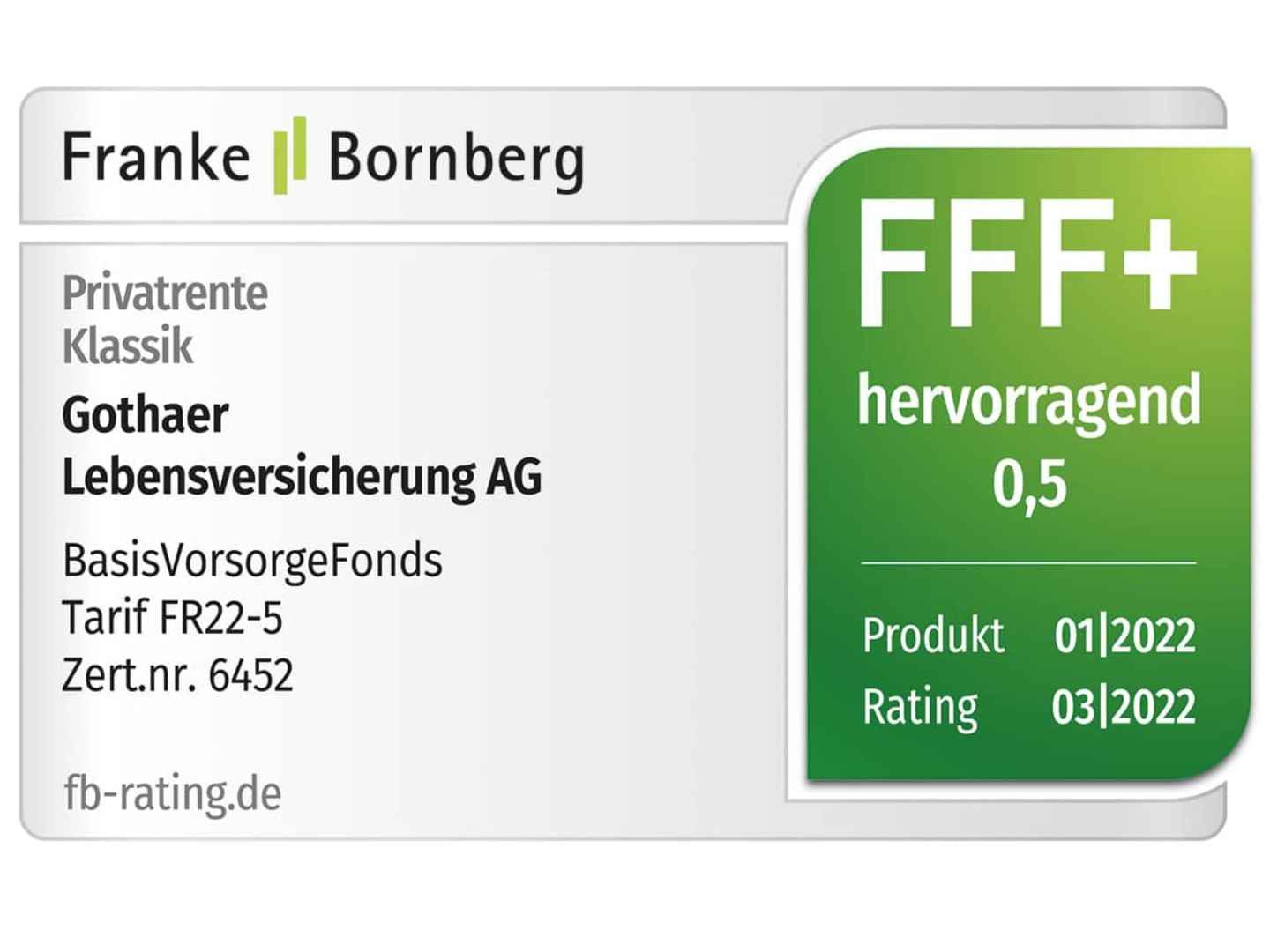 Franke & Bornberg, Rating Privatrente Klassik von 03/2022: Gothaer BasisVorsorgeFonds "hervorragend" (0,5), Produkt 01/2022 / Zertifikatnummer 6452