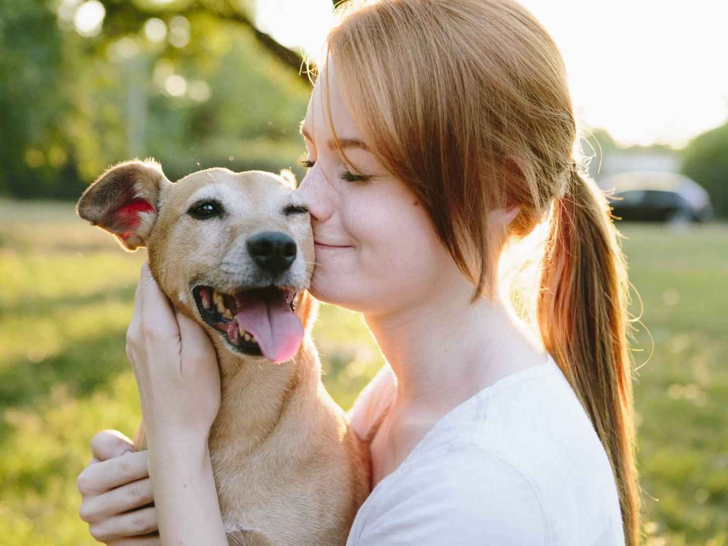 Gothaer Hundehaftpflicht: Frau mit Hund ist froh über ihre gute Haftpflicht.