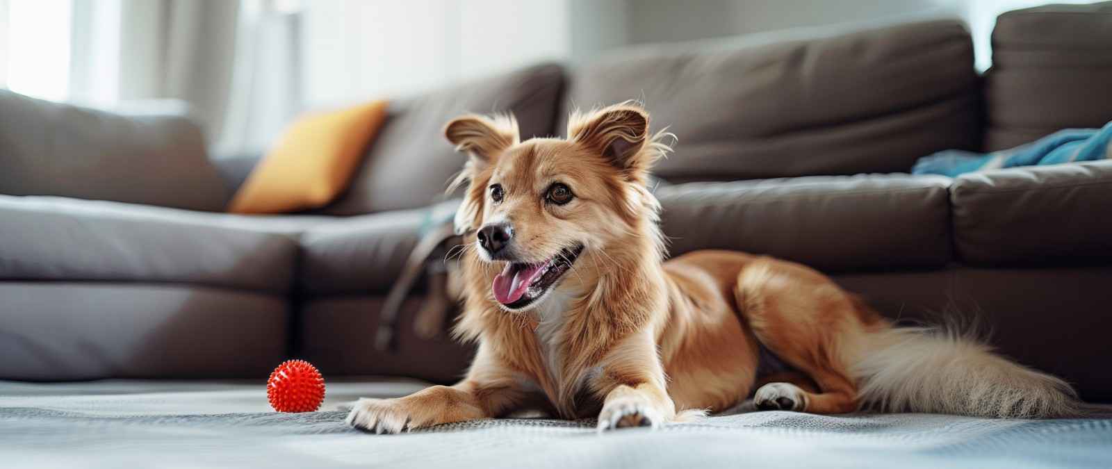 Gothaer Hundekrankenversicherung: Ein Hund liegt entspannt auf einem Sessel mit seinem Tennisball, da er dank der Hundekrankenversicherung bestens abgesichert ist. 