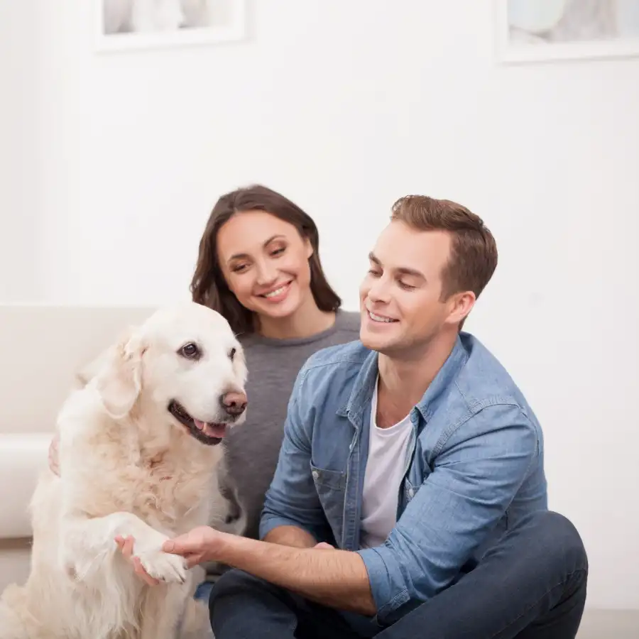 Gothaer Hundeversicherung: Paar mit Hund zu Hause.