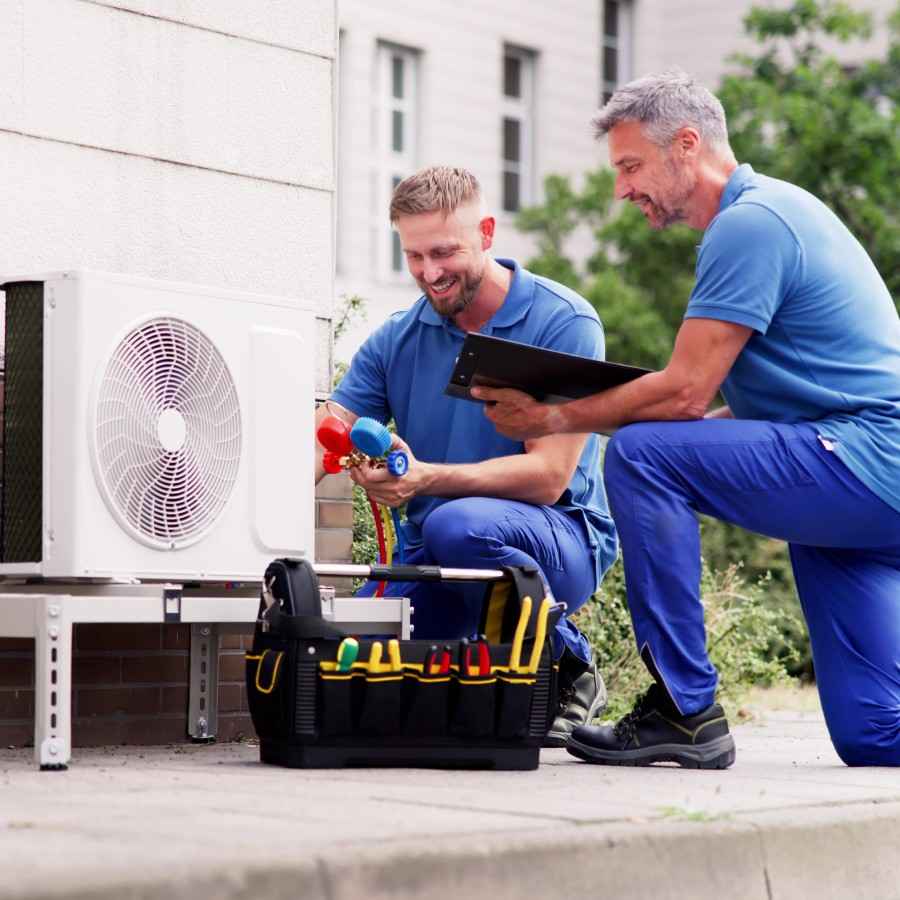 Handwerker installieren Wärmepumpe