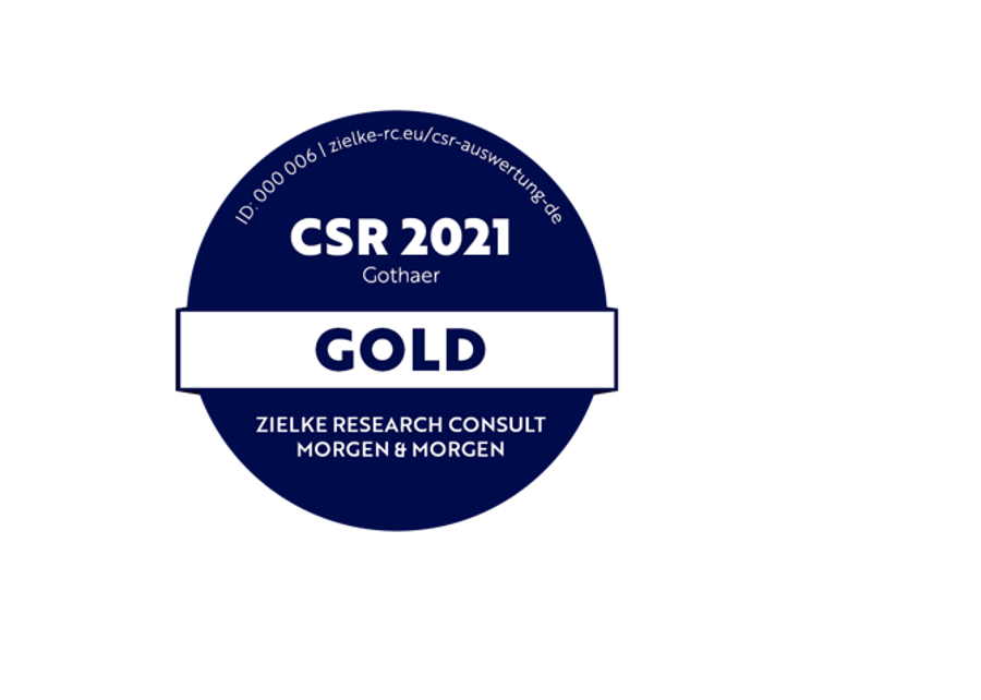 CSR-Label: Die Gothaer erreichte 2021 erneut das goldene CSR-Label bei der Analyse der Zielke Research Consult GmbH. 