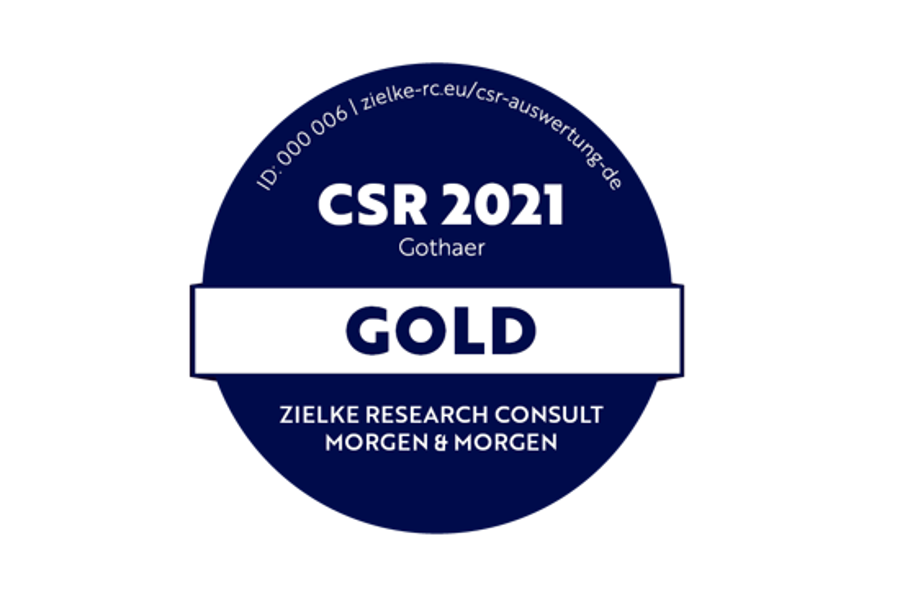 CSR-Label: Die Gothaer erreichte 2021 erneut das goldene CSR-Label bei der Analyse der Zielke Research Consult GmbH. 