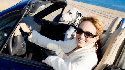 Junge Frau mit Hund im Cabrio Junge Frau mit Hund im Cabrio